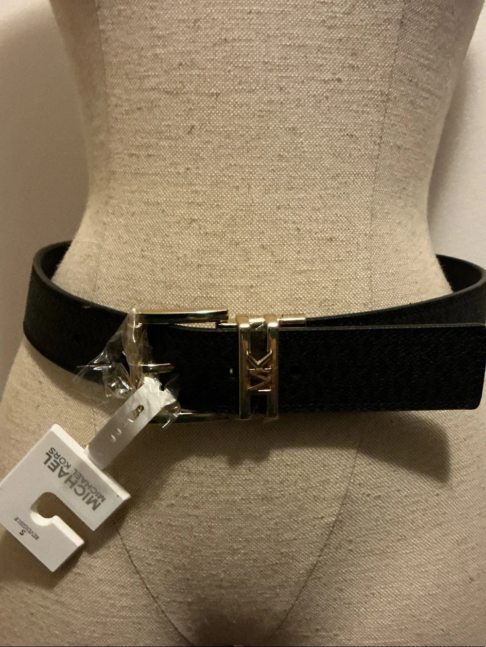 NWT: Michael Kors Black Leather Belt with Gold-tone MK Buckle